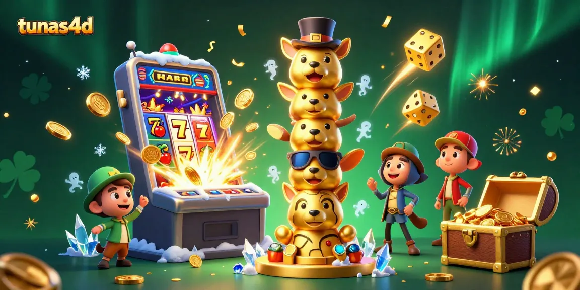 Experience tunas4d with thrilling slot machines and a lively casino atmosphere in this vibrant illustration.
