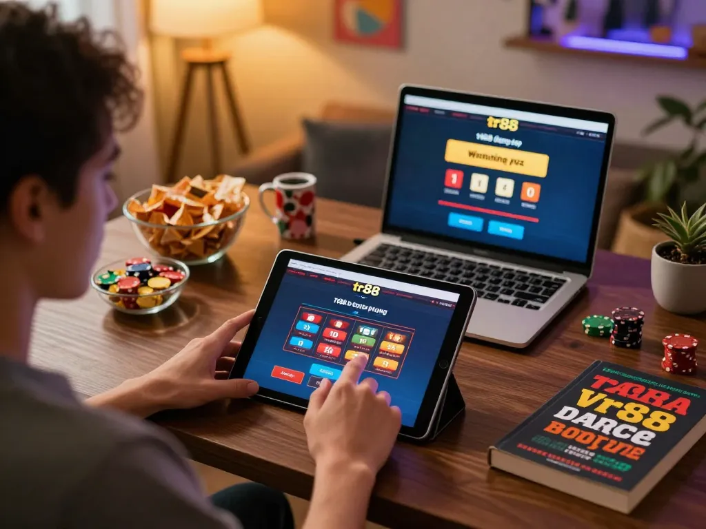Player accessing tr88 đăng nhập on a tablet during intense online casino gaming session at home.