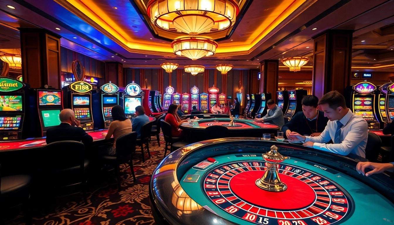 Exciting gaming action at F168 casino with players engaged in poker and roulette.