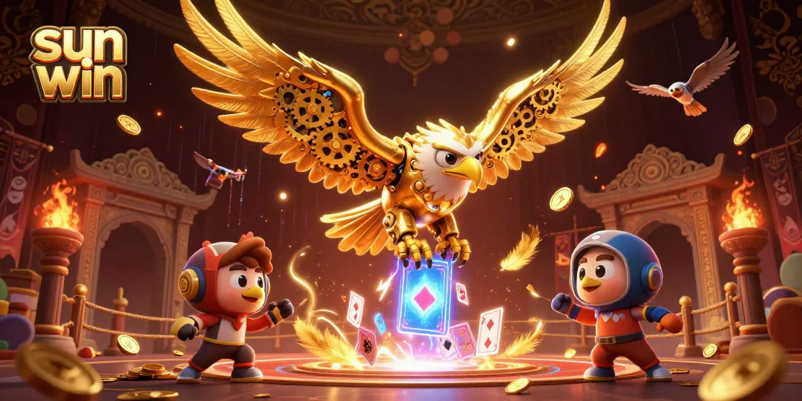 Engage with thrilling sun win gameplay, featuring a cybernetic eagle amidst holographic cards and vibrant casino elements.