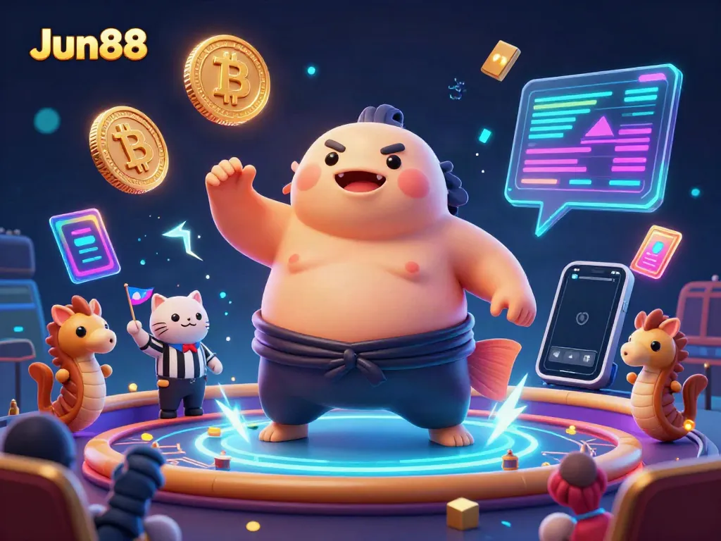 Experience Jun88's vibrant underwater casino with a puffed fugu character, Bitcoin, and Ethereum elements in a dynamic scene.