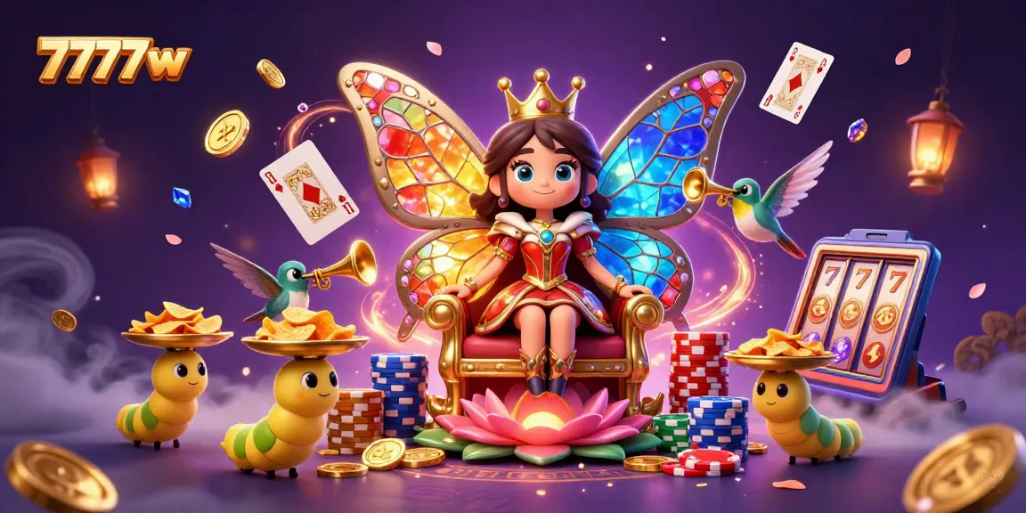 Experience thrilling gameplay with 7777w's vibrant casino scene featuring a butterfly queen and golden chips.