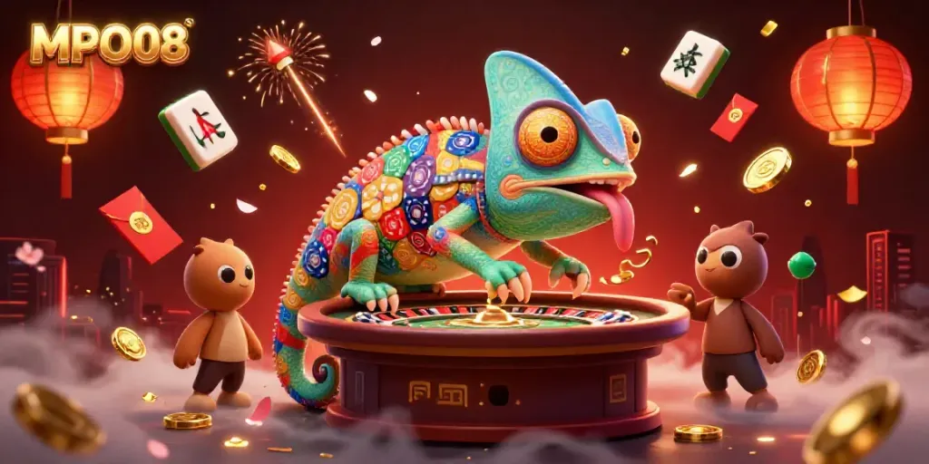 MPO08 chameleon casino owner in a vibrant gaming scene with mahjong tiles and gold coins