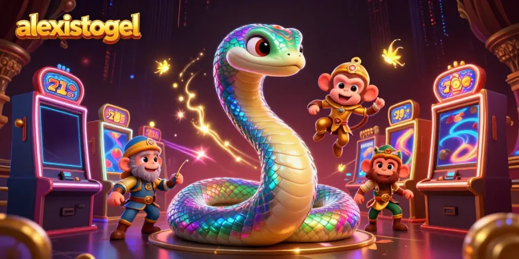 Menang dalam permainan slot dengan alexistogel sambil dikelilingi ular pelangi dan raja monyet.