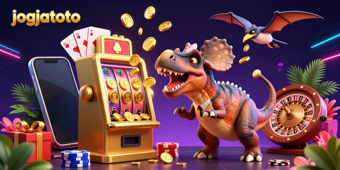 Engage with jackpots at jogjatoto, showcasing a cartoon dinosaur triggering a golden slot machine payout with flying coins.