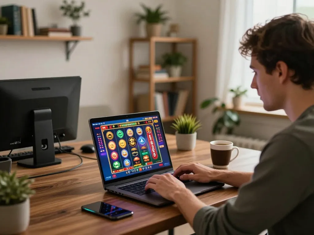 Player engaging with fabet online slots, immersing in a dynamic gaming experience at home.