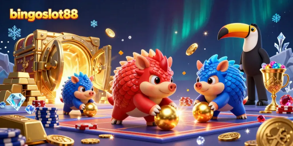 Rasakan serunya bermain di bingoslot88 dengan pangolins berperang dalam bola emas dan chip poker.