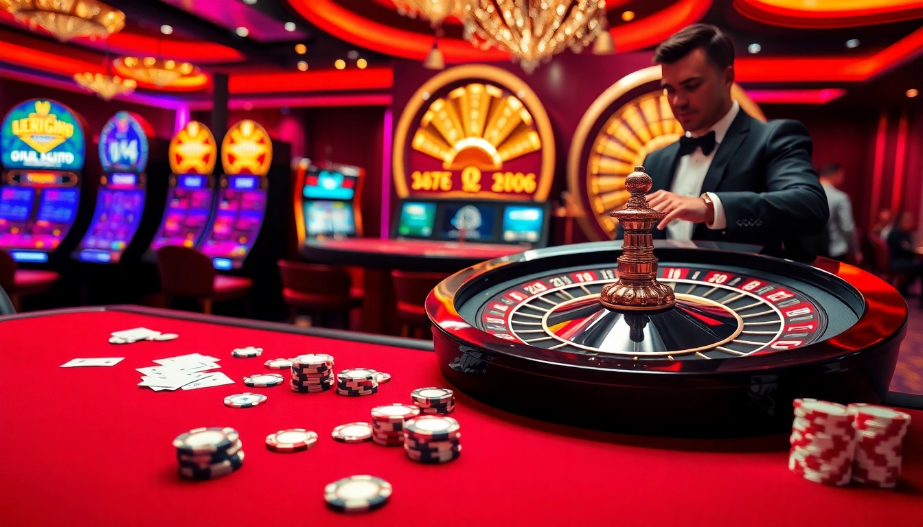 Engaging casino atmosphere showcasing SV 368 poker tables, vibrant slot machines, and a roulette wheel action.