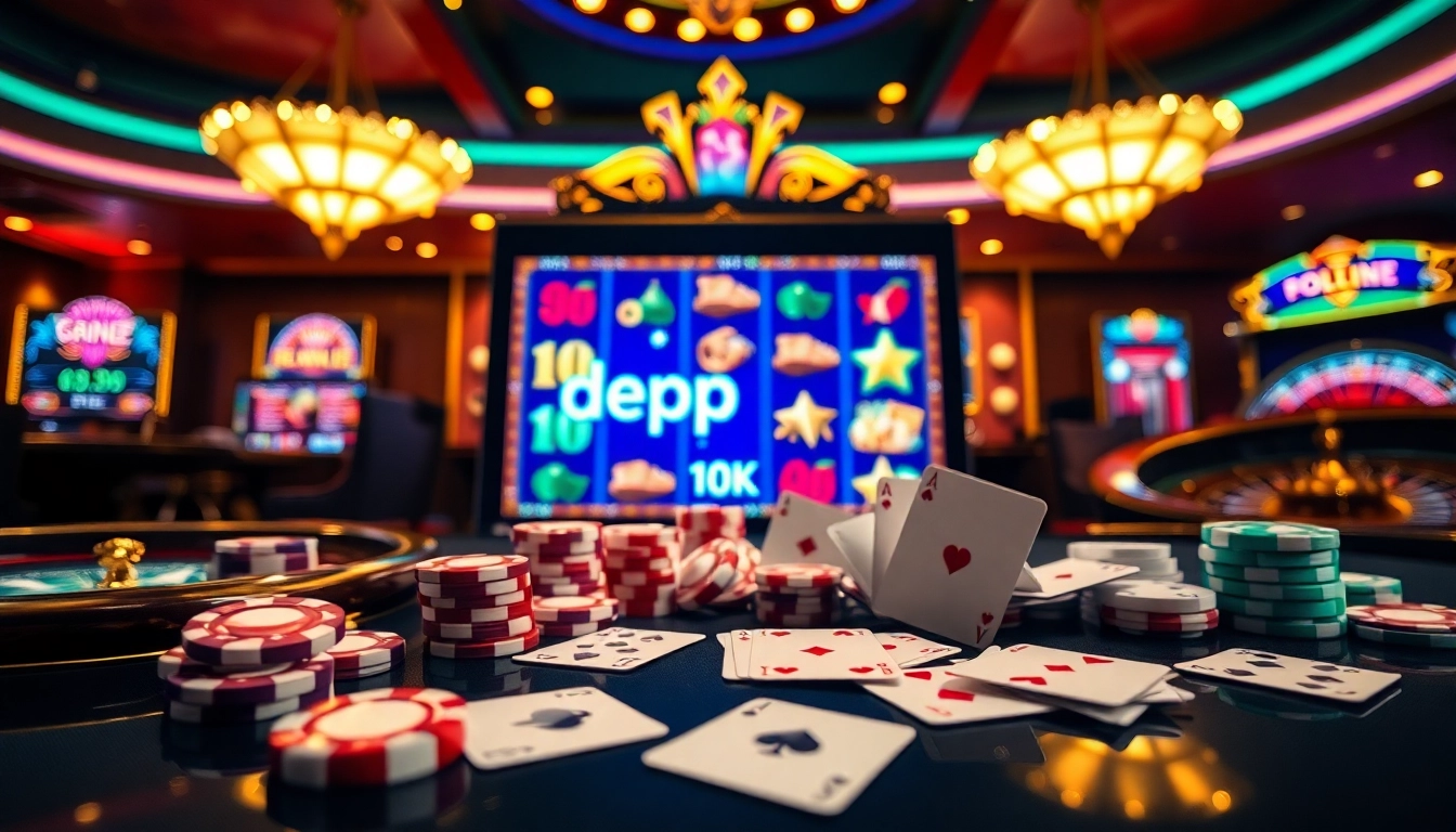 Sparking excitement at a casino with a focus on depo 10k promotions, featuring slot machines, chips, and vibrant lights.