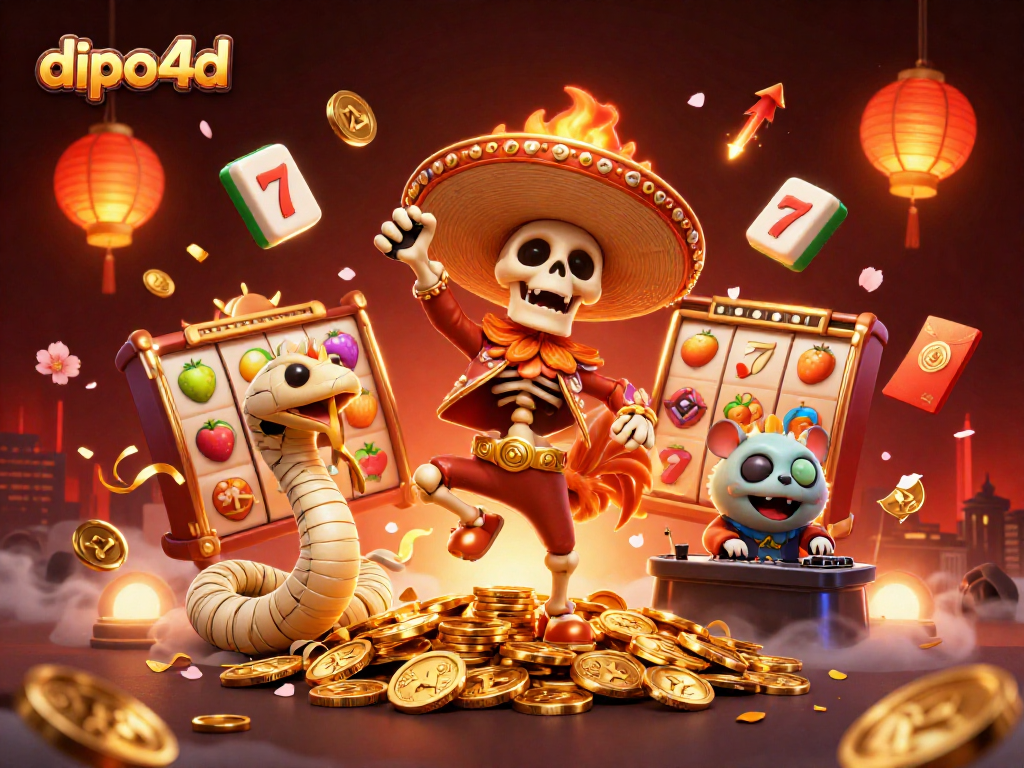 Experience victory dancing with dipo4d's vibrant casino characters amidst dynamic slot elements and gold coins.