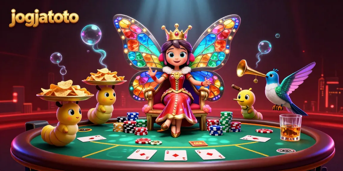Engage in thrilling play at jogjatoto with a vibrant 3D illustration of a casino scene filled with butterflies and poker elements.