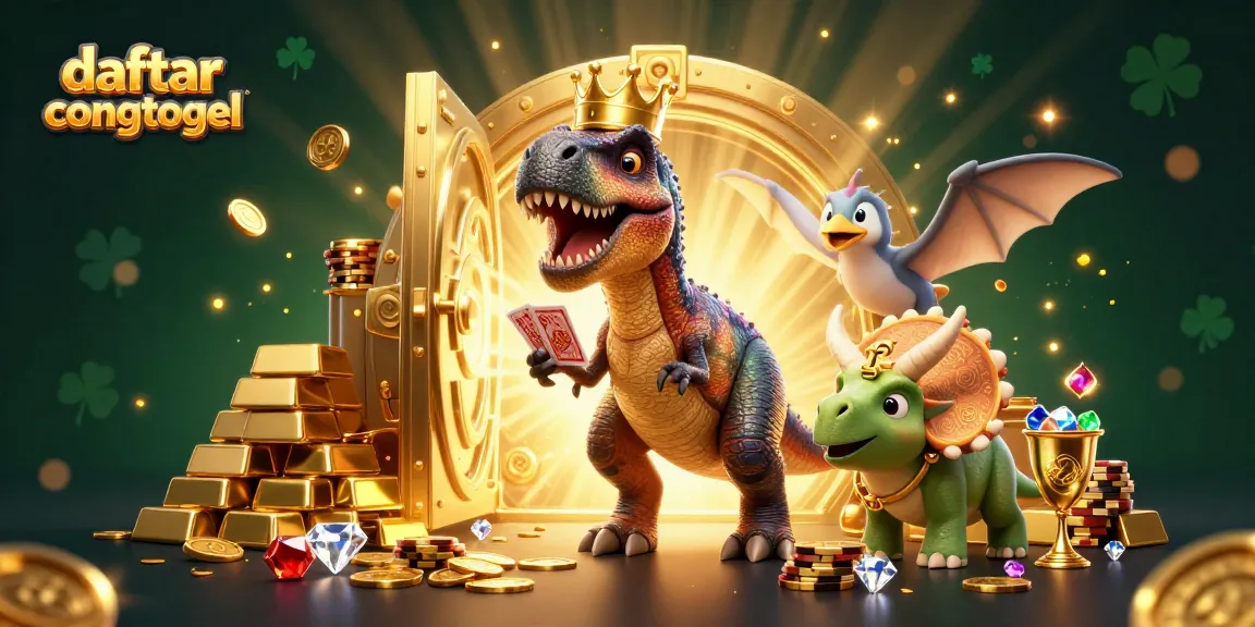 Engage with daftarcongtogel's fun T-Rex card dealer at a vibrant casino scene filled with treasures.