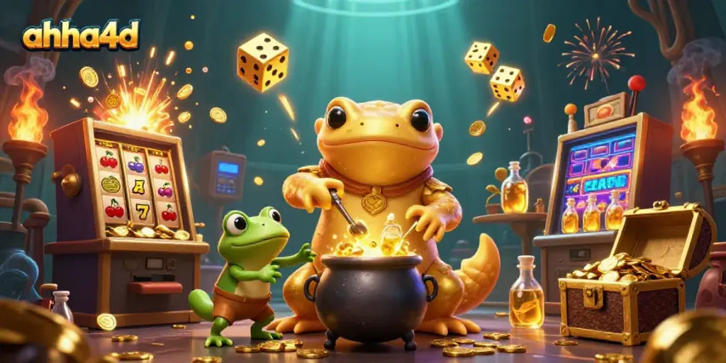 Aktivitas permainan di AHHA4D dengan elemen emas dan jackpot penuh warna dalam gambar