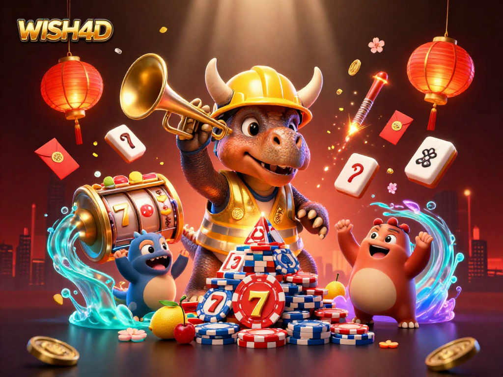 Gambarkan WISH4D dengan triceratops dan unsur kasino yang meriah.