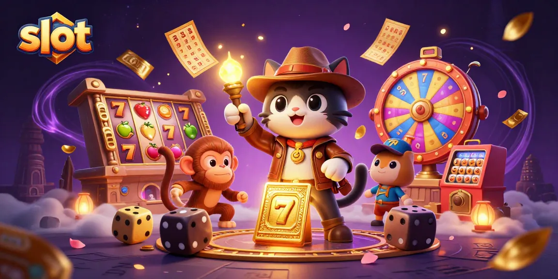 Explore thrilling slot adventures with a hatted cat unearthing casino treasures amidst vibrant gaming elements.