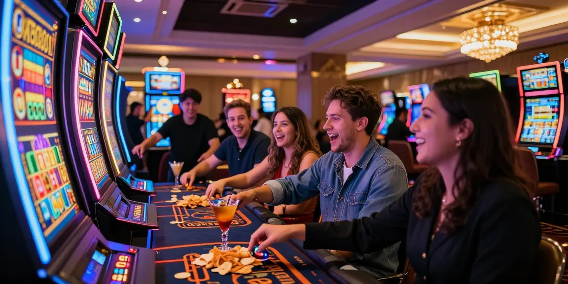 Players celebrating a slot jackpot win at a vibrant casino.