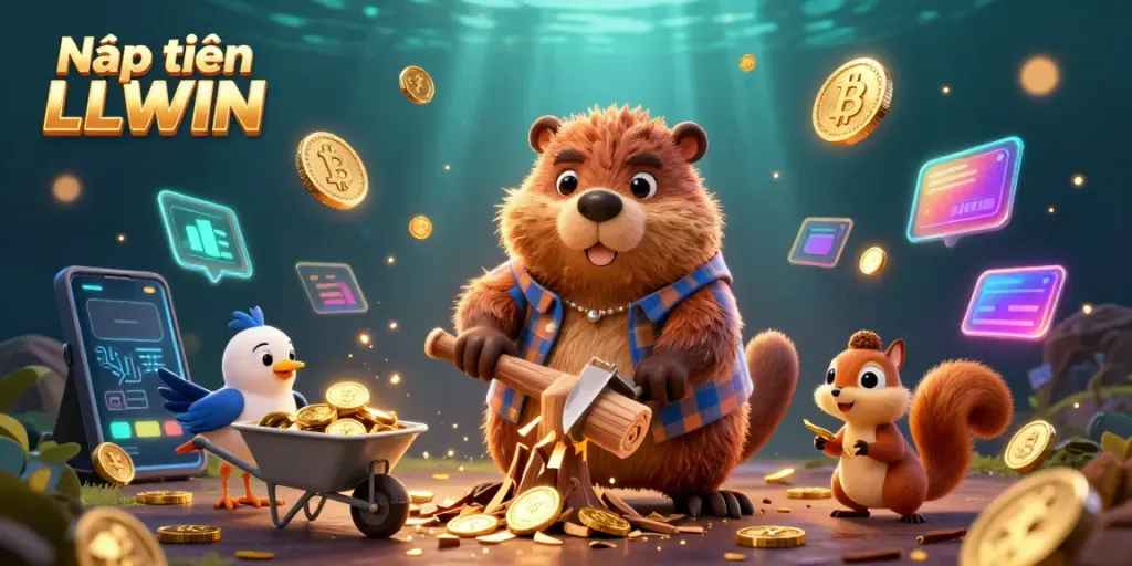 Nạp tiền LLWIN scene with a lumberjack beaver collecting golden coins in a fun gambling environment