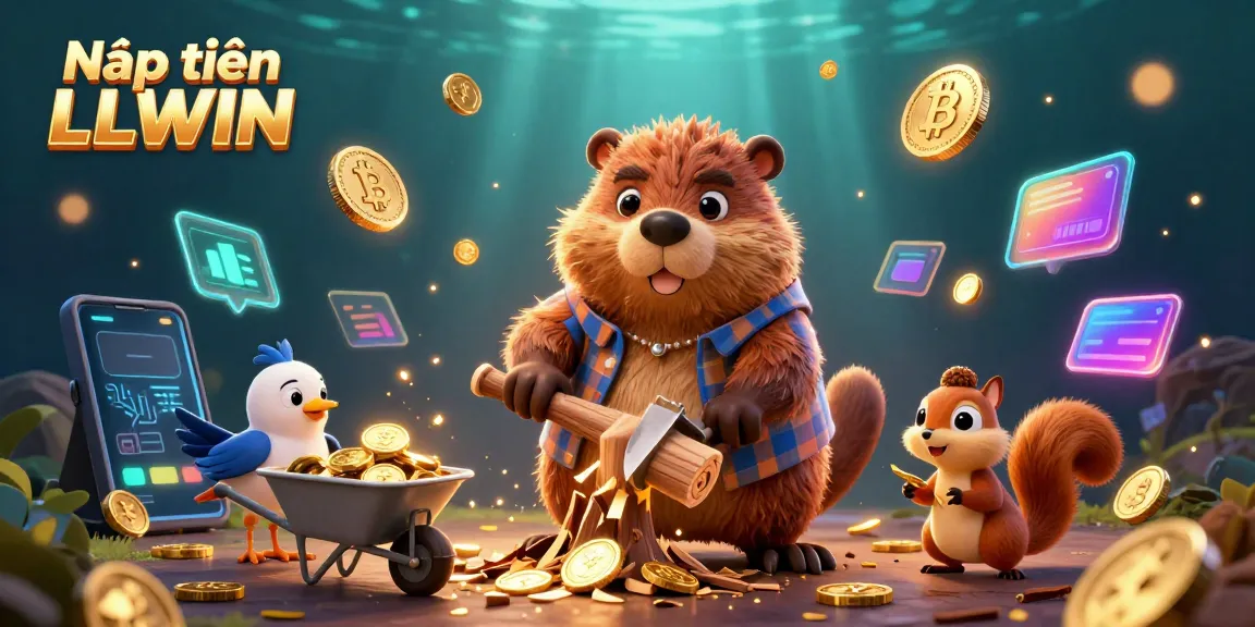 Nạp tiền LLWIN scene with a lumberjack beaver collecting golden coins in a fun gambling environment