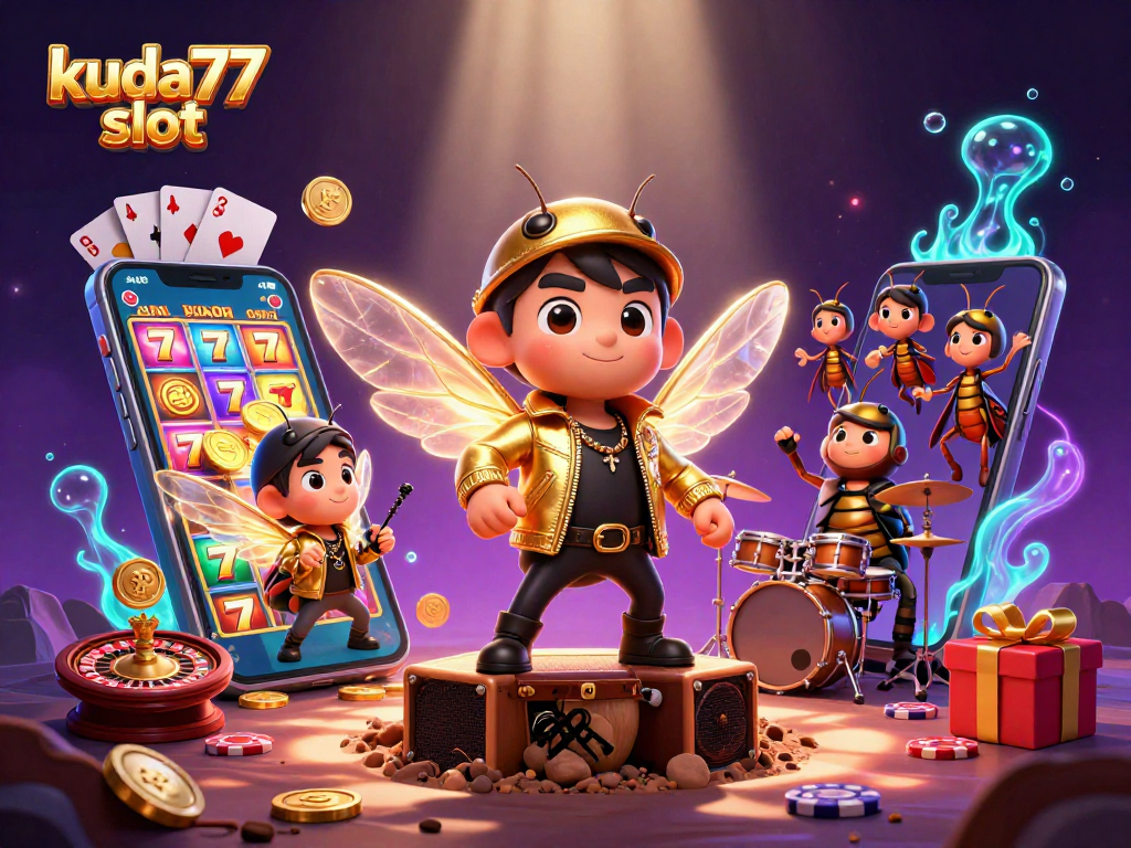 Jelajahi keajaiban kuda77 slot dengan cicada rock star dan drummer unik dalam ilustrasi kasino yang penuh warna.