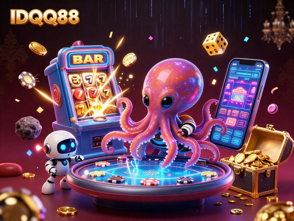 IDQQ88 showcases a vibrant alien-themed casino scene with poker elements and dynamic game interactions.