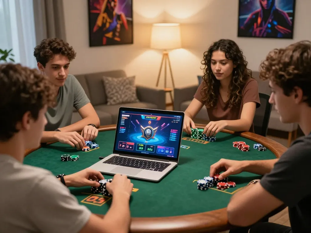 Exciting home poker night showcasing mpo08 link alternatif play on laptop with eager players and strategic betting.