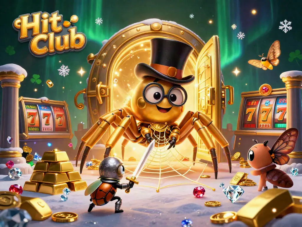 Experience the thrill of Hit Club as a golden tarantula weaves luck with slot elements in this vibrant casino scene.