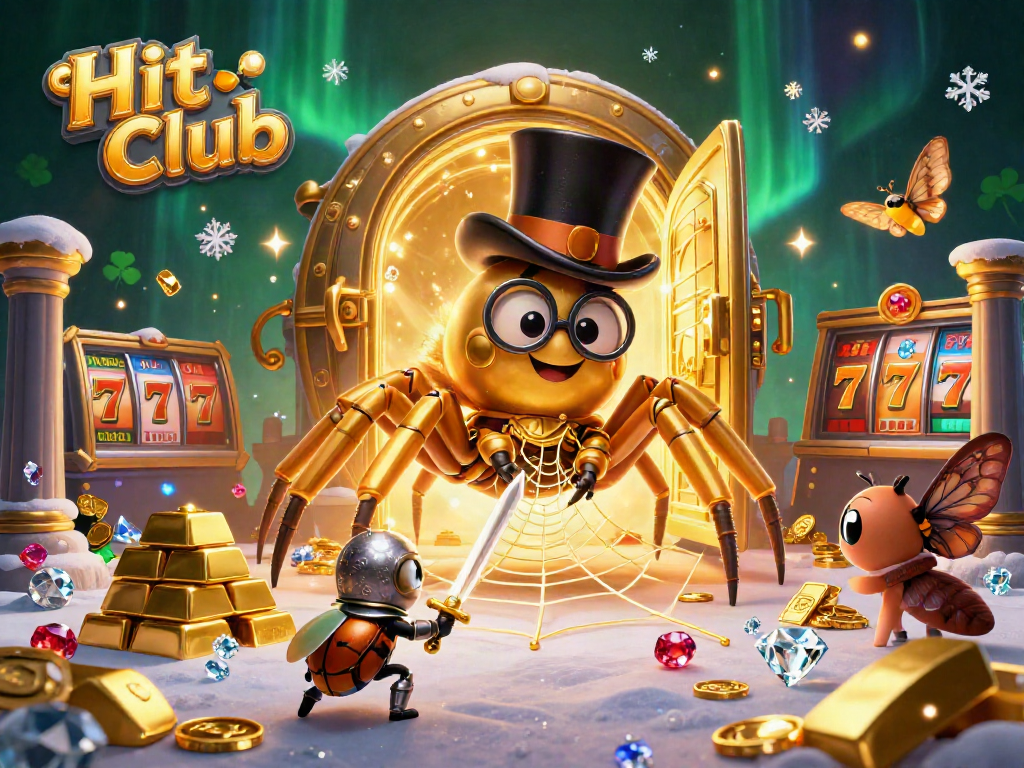 Experience the thrill of Hit Club as a golden tarantula weaves luck with slot elements in this vibrant casino scene.