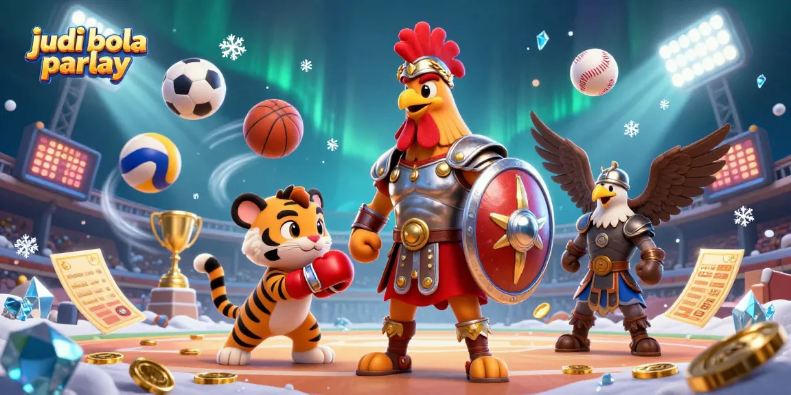 Engage in judi bola parlay action with dynamic sports elements and vibrant characters in a colorful arena.
