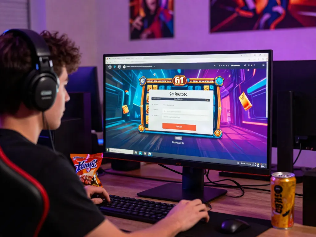 Player accessing Seributoto Login on sleek monitor in vibrant gaming setup, creating an exciting atmosphere.