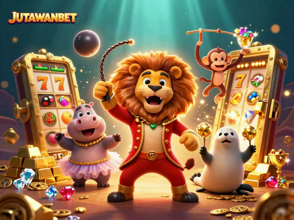Experience the excitement of JUTAWANBET with a vibrant casino-themed 3D illustration featuring characters and gaming elements.