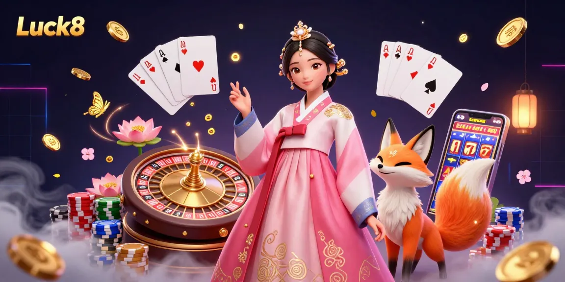 Win big with Luck8 in this vibrant casino scene featuring an elegant Asian woman and a lucky nine-tailed fox.