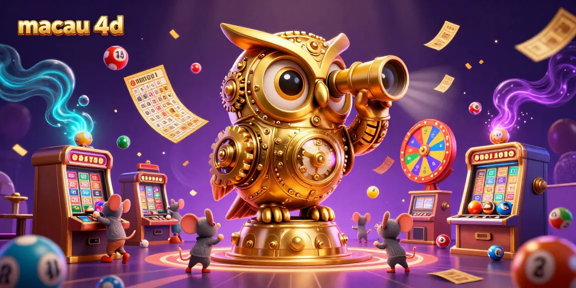 Experience the thrill of macau 4d with vibrant lottery balls and a cartoon owl presiding over the casino scene.