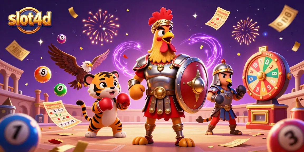 Bermain slot4d dengan pengalaman menyenangkan dan karakter gladiator dalam arena kasino yang ceria.
