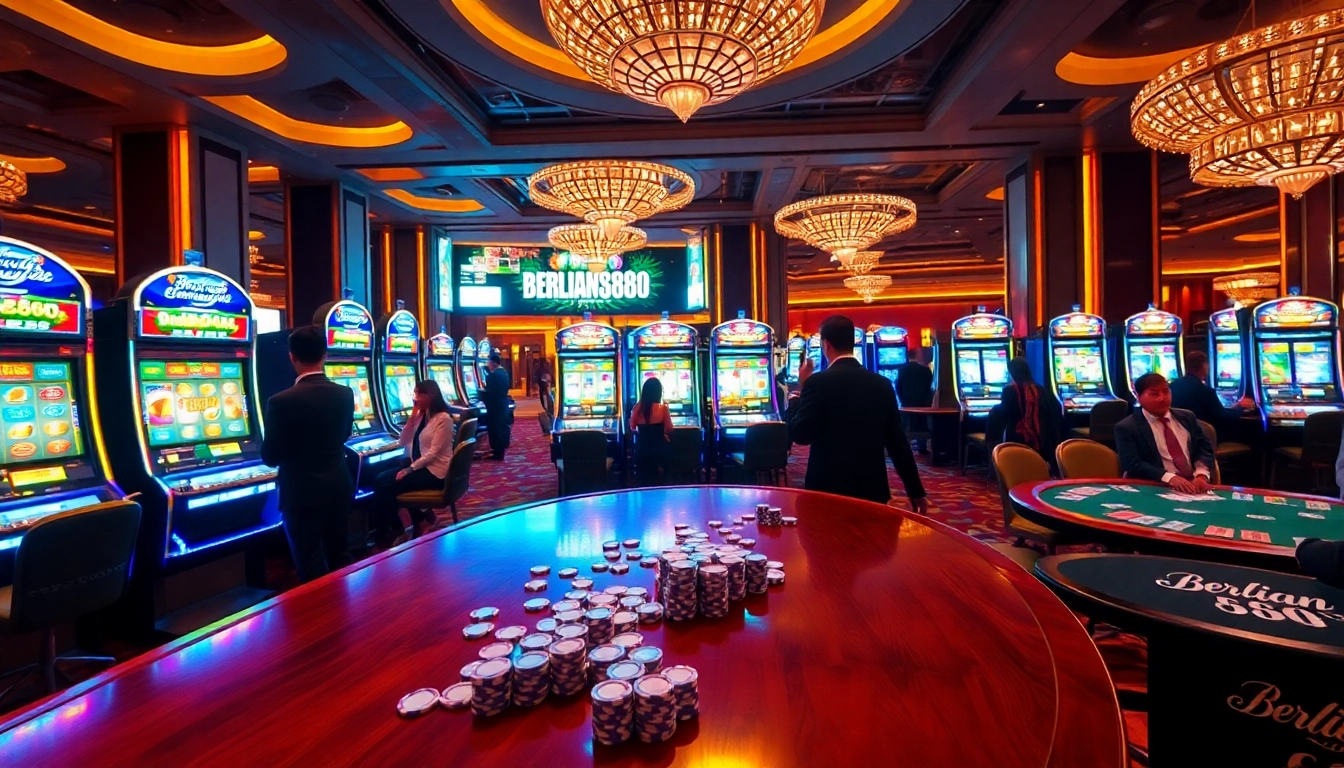 Players enjoying a thrilling experience at berlian888's slot machine area in a luxurious casino.