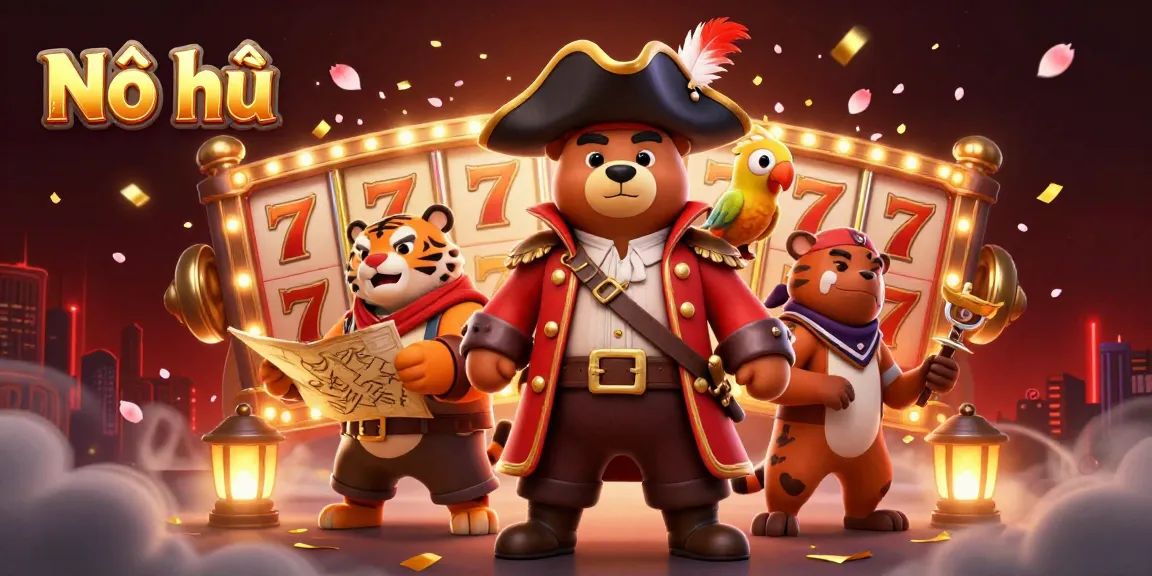 Engage with exciting Nổ hũ gameplay through a vibrant 3D scene featuring a pirate bear and tiger.
