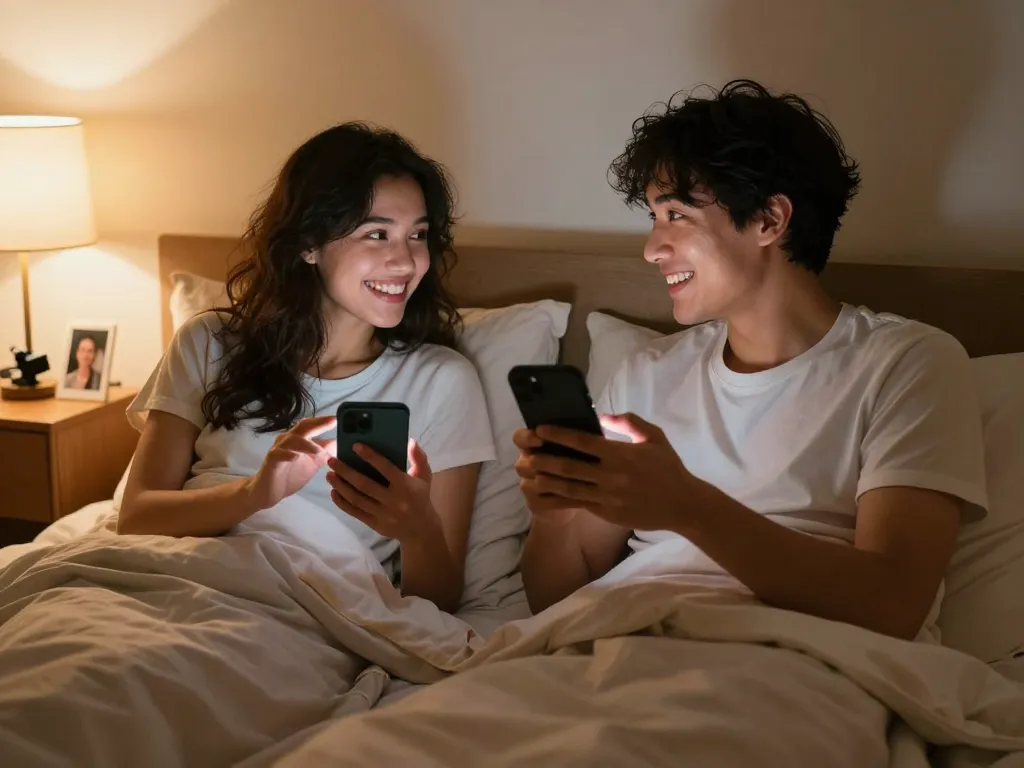 Couple enjoying playful ai sexting together in a cozy bedroom setting, enhancing their romantic connection.