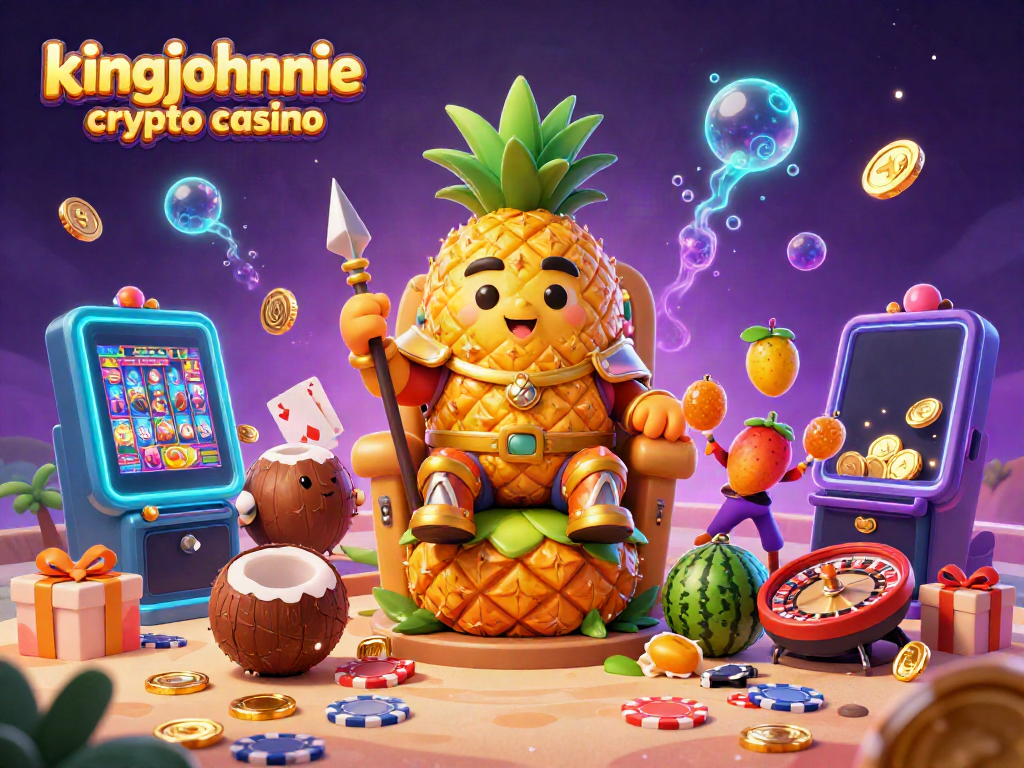 Experience the vibrant visuals of kingjohnnie crypto casino with a golden pineapple king and dynamic gaming elements.