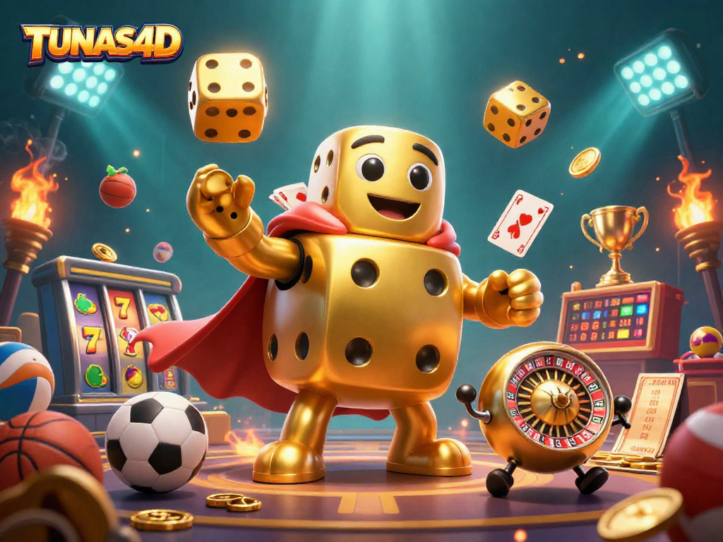 TUNAS4D showcases a vibrant illustration of a golden dice golem in a dynamic casino setting, juggling while surrounded by slot elements.