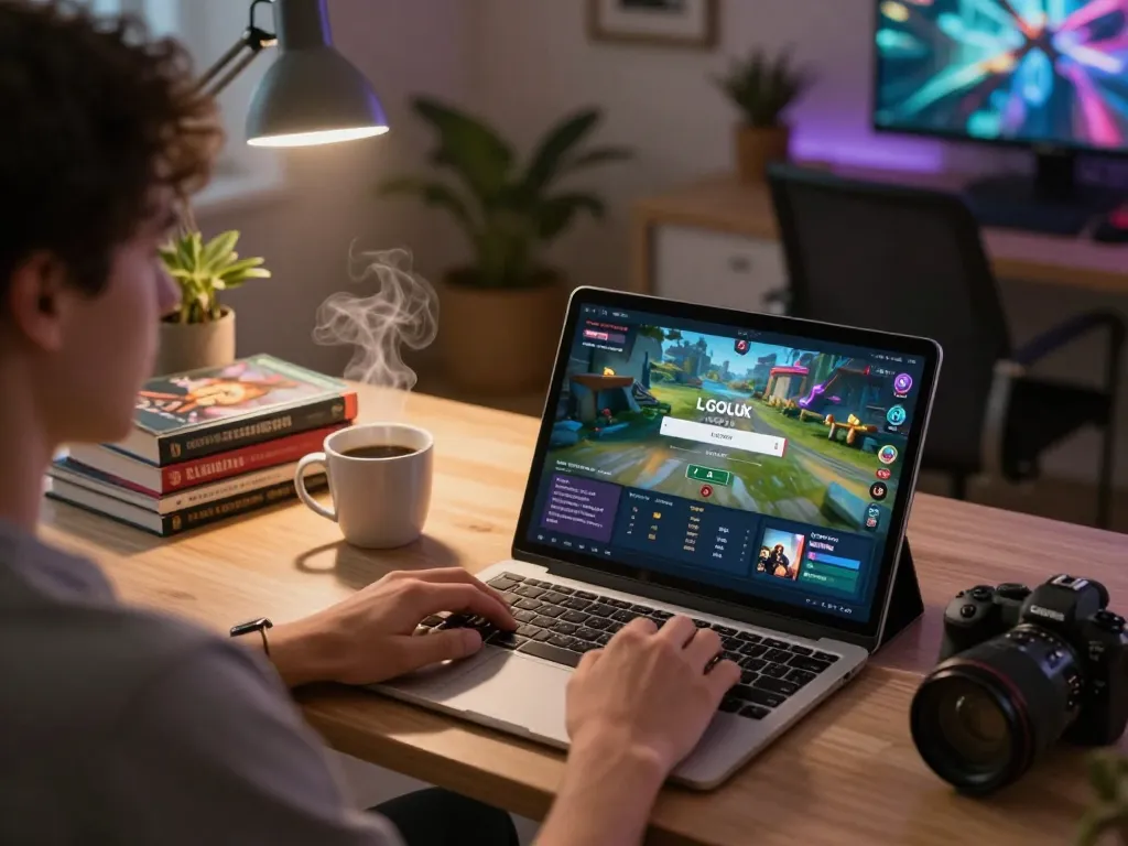 Engaged player performing LGOLUX LOGIN on a tablet with a cozy, well-lit home setup