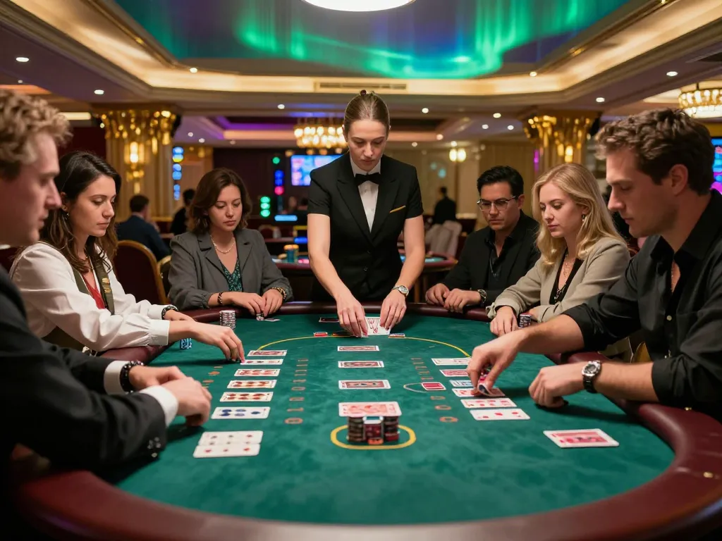 Experience the LGO GOAL as players strategize at an upscale blackjack table surrounded by vibrant casino lights.