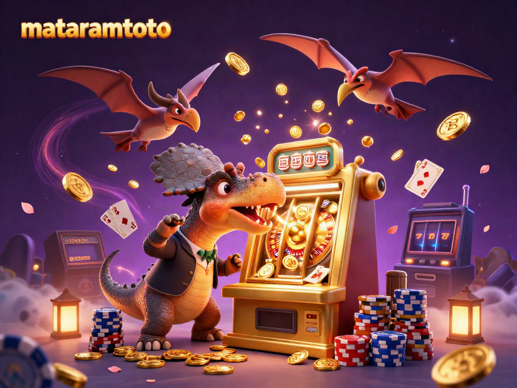 Win big with mataramtoto as a dinosaur celebrates jackpot coins from a gold slot machine.