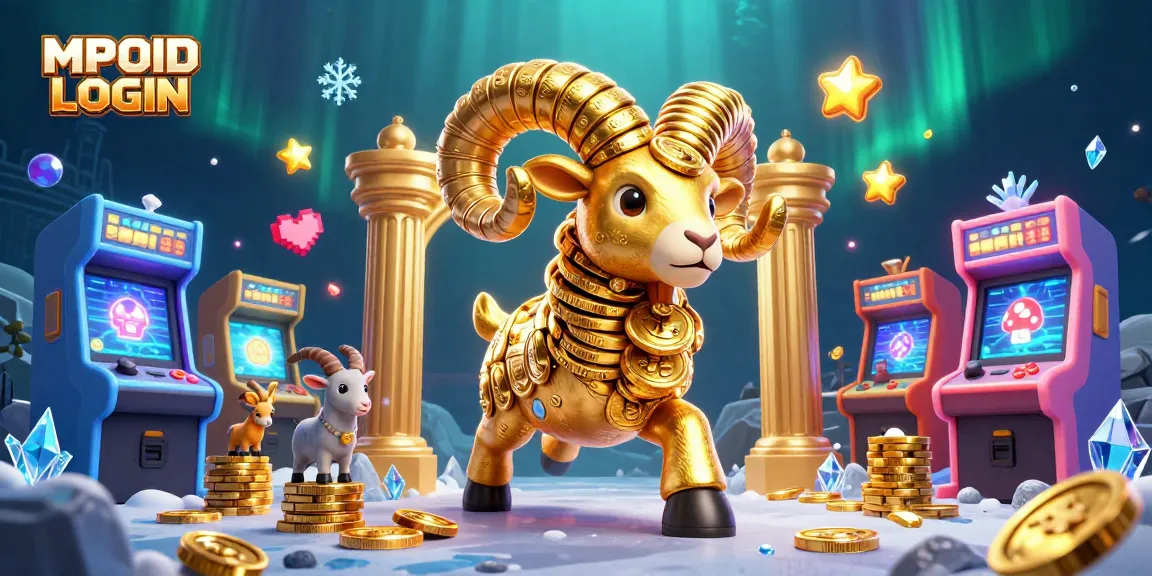 MPOID LOGIN showcases an exciting 3D scene with a golden ram charging through a vibrant casino-themed landscape.