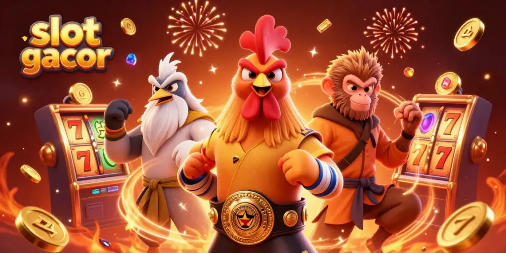 Experience vibrant slot gacor action with dynamic characters and casino-themed elements in this captivating illustration.