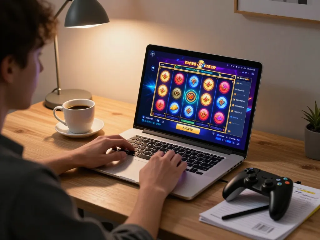 Experience thrilling gameplay with IDC88 JOKER in a modern home gaming setup, showcasing online slot action.