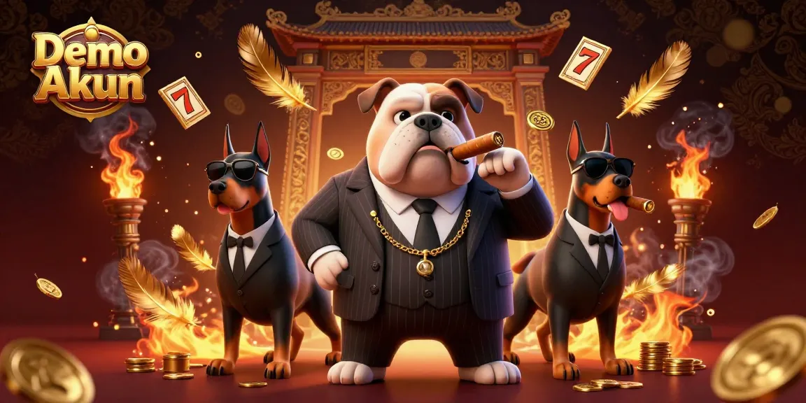 Engage with Demo Akun in an action-packed casino scene featuring a mafia bulldog and Doberman bodyguards.