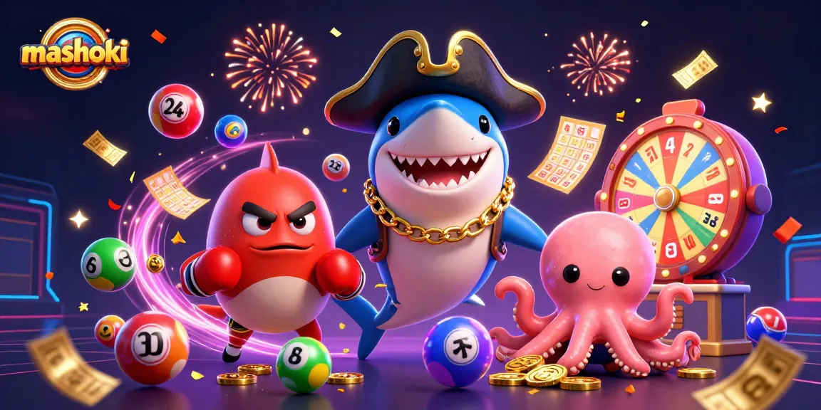 Experience the excitement of mashoki with vibrant lottery elements and cartoon casino characters.