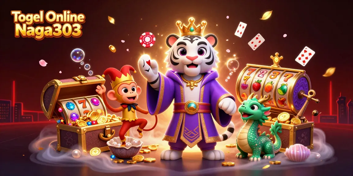 Togel Online Naga303 presents a vibrant casino scene with a royal tiger, juggling monkey, and lively jade dragon.