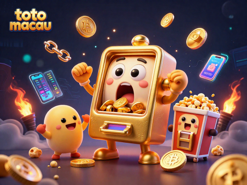 Permainan toto macau dengan mesin slot emas yang bersinar memancarkan koin ke udara.