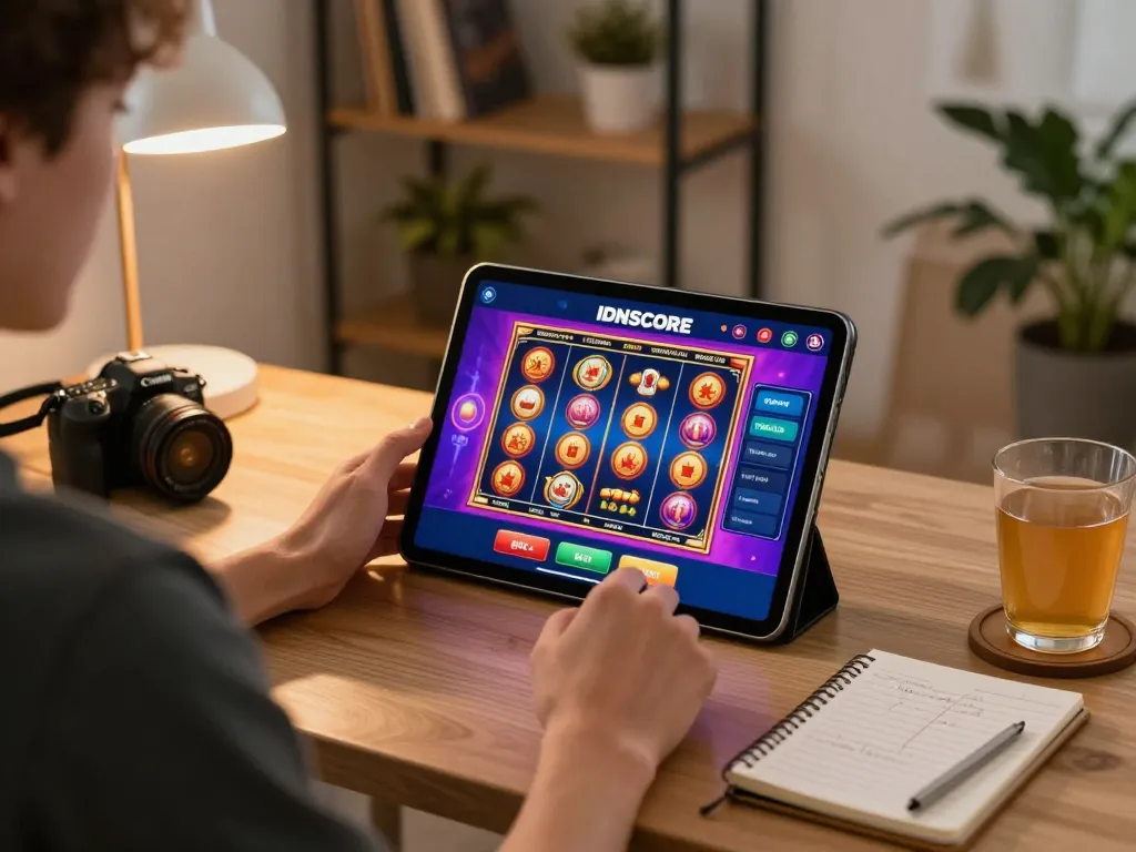 IDNSCORE user experiencing exciting slot gameplay on a tablet in a cozy home environment