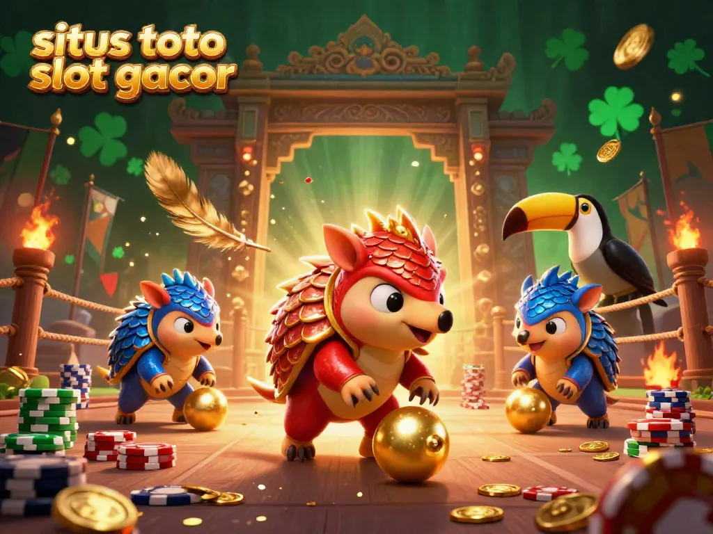 Permainan kotak emas menyenangkan dengan pangolin di armor merah dan biru, situs toto slot gacor!